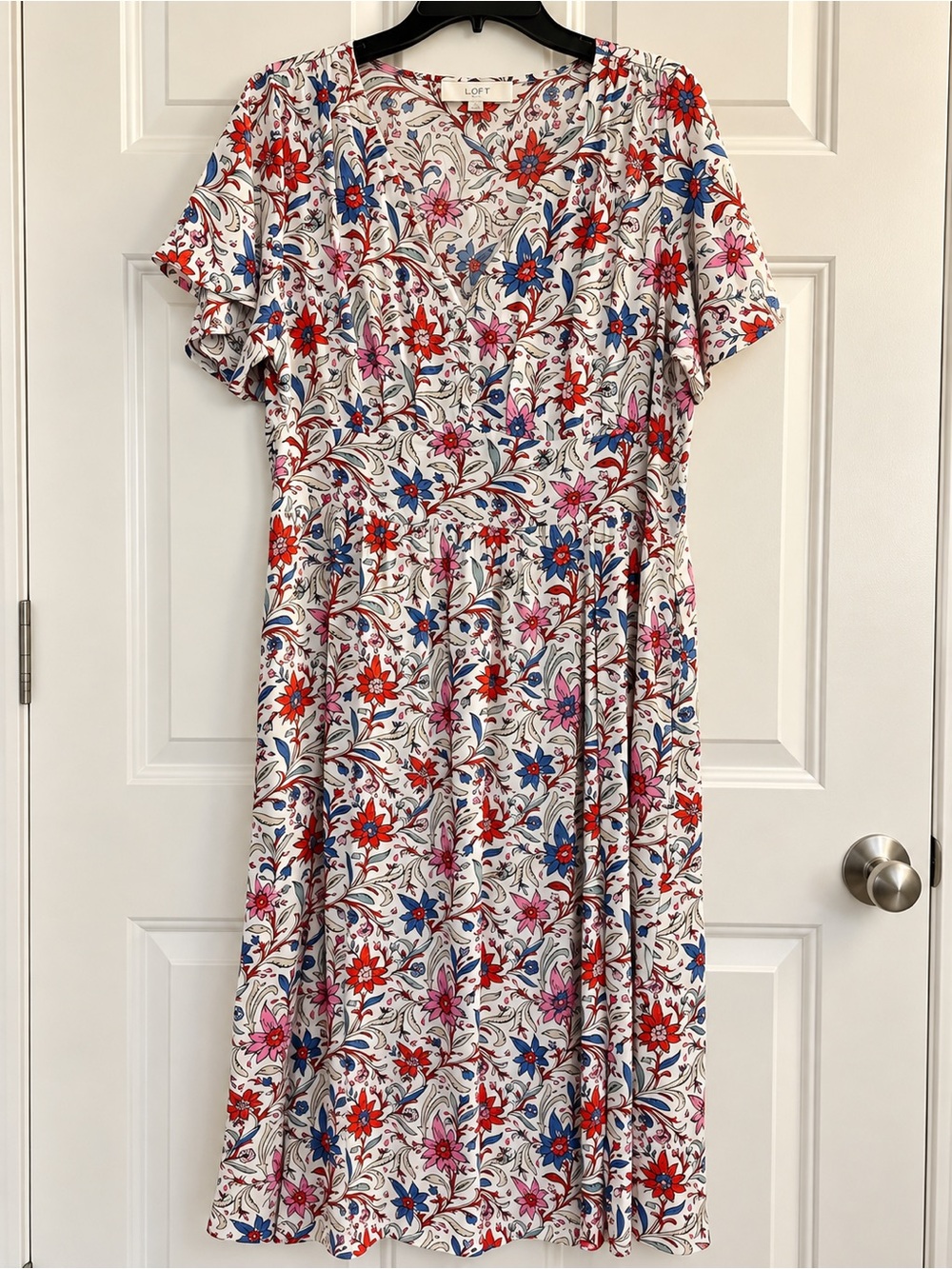 LOFT Floral Maxi Dress in White with Red, Blue & Pink Blooms.